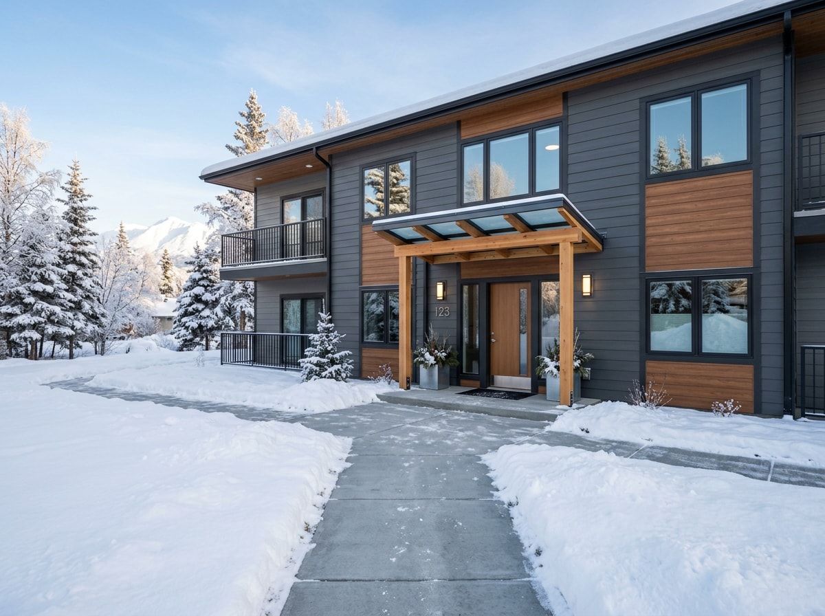 Renovated apartment building entrance with updated siding and windows in Anchorage, Alaska