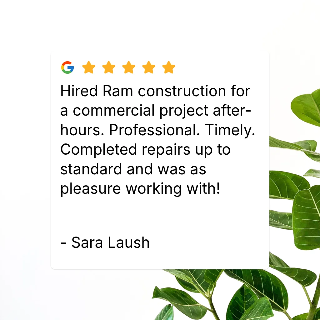 Google five-star review card praising after-hours commercial repair work, with green leaves in background