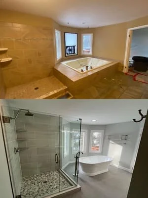 Before and after master bathroom remodel showing tile shower, frameless glass enclosure, pebble shower floor, and freestanding tub