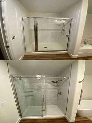 Before and after comparison of a shower enclosure with white wall panels and framed glass door versus gray marble-look wall panels and frameless sliding glass door