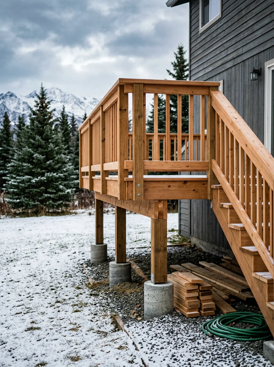 A freshly built wood deck attached to an Anchorage home, built with deep post footings to stay stable through Alaska's cold winters.