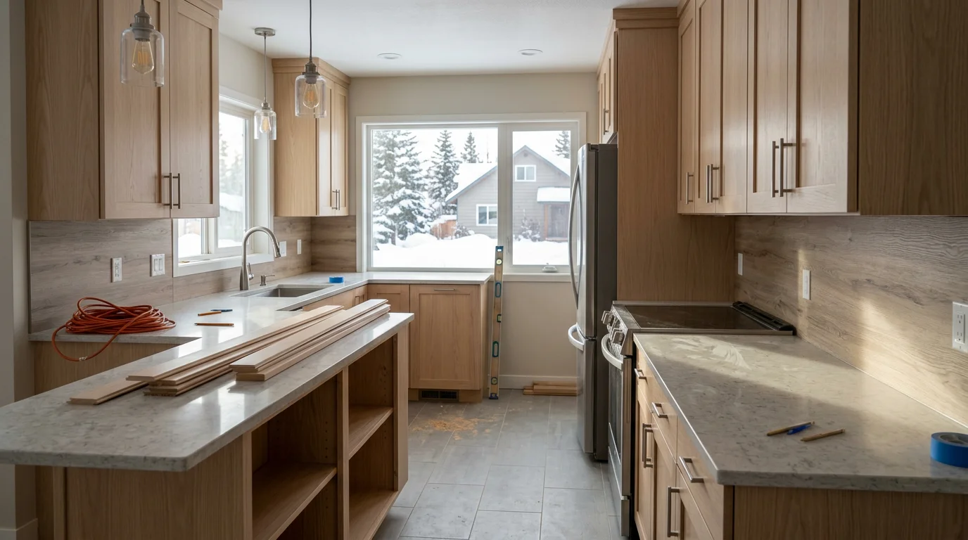 A remodeled kitchen in an Anchorage single-family home featuring new cabinetry and updated fixtures, with snow visible through the window outside.