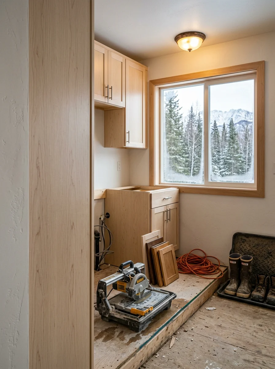 A remodeled kitchen in a mid-1980s Chugiak single-family home, with new cabinetry and updated windows replacing original construction from before Alaska's 1992 building code updates.