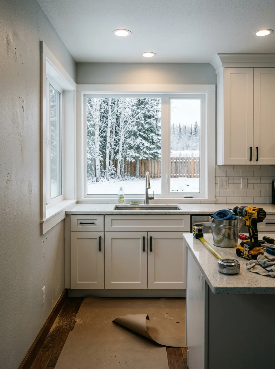 A remodeled kitchen interior in an Eagle River single-family home, with updated cabinetry and new windows overlooking a tree-lined backyard.