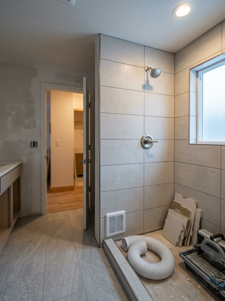 A bathroom remodel in a Midtown Anchorage condo, showing new tile, updated fixtures, and improved ventilation in a compact urban unit.
