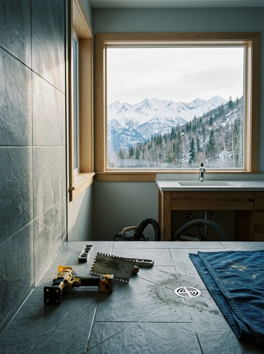 A remodeled bathroom in a South Anchorage Hillside home featuring updated tile and fixtures, with a large window framing a mountain view.