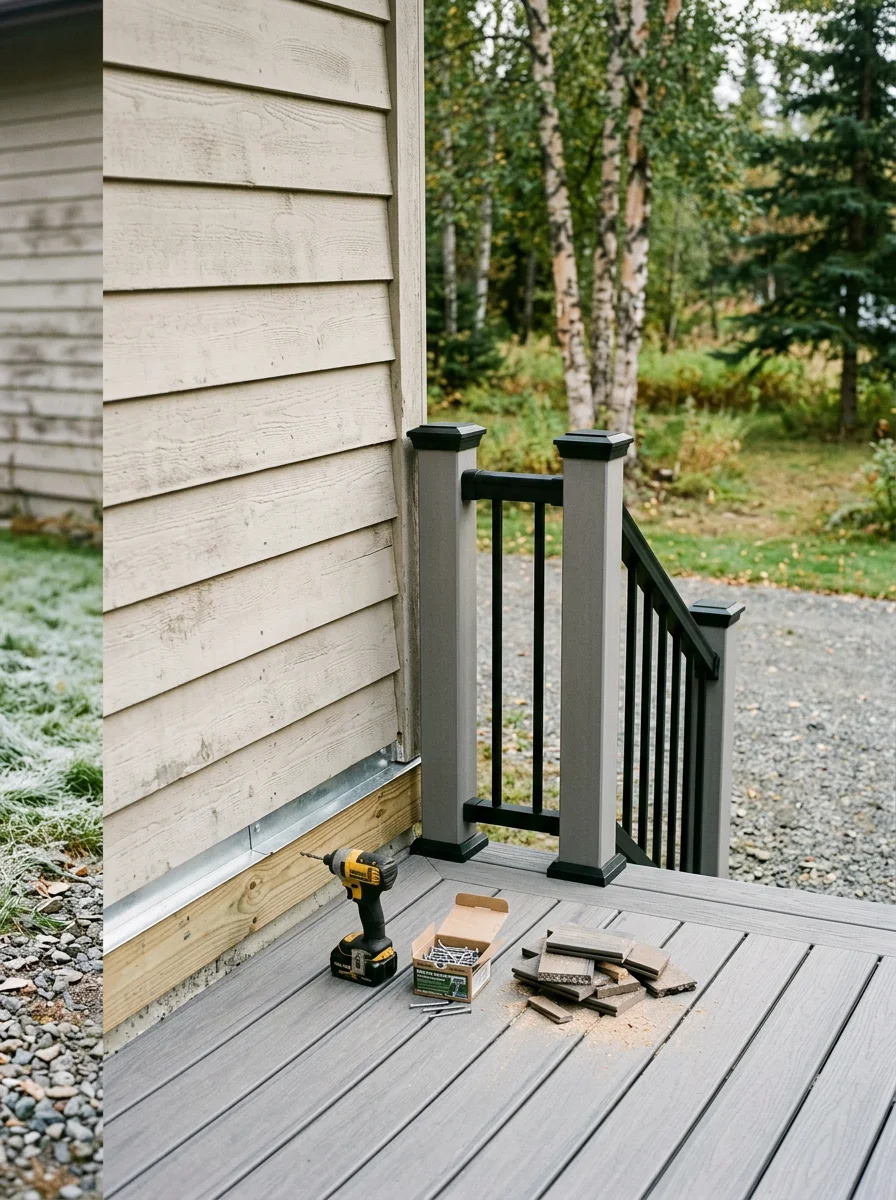 A compact deck built on a Turnagain Anchorage quarter-acre lot, with composite decking and properly flashed ledger board attached to a 1980s ranch-style home.