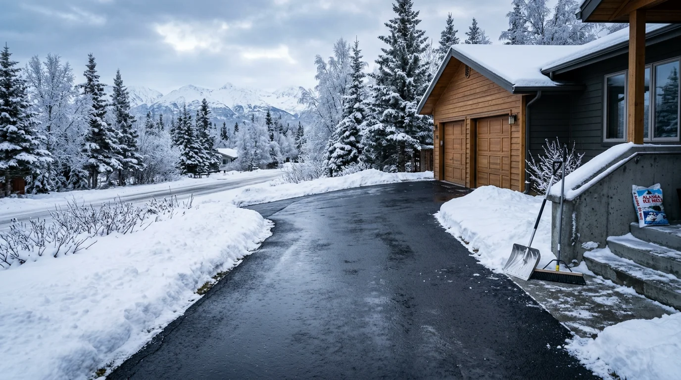 A cleared residential driveway in Anchorage, Alaska after heavy snowfall, with snow pushed to the side and a walkway leading to a home's front entry. Snow-covered trees and a typical Anchorage neighborhood street are visible in the background.
